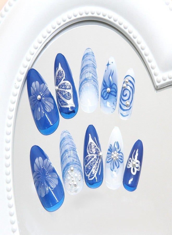 YKZFUI 24Pcs Blue Flowers Press on Nails Medium Almond Fake Nails Blue Deep Sea Butterfly, Pearl Shell Pattern Cute Floral Nail Art False Nails Almond-Shaped Stick on Nails Reusable Artificial Nail for Women - Image 4